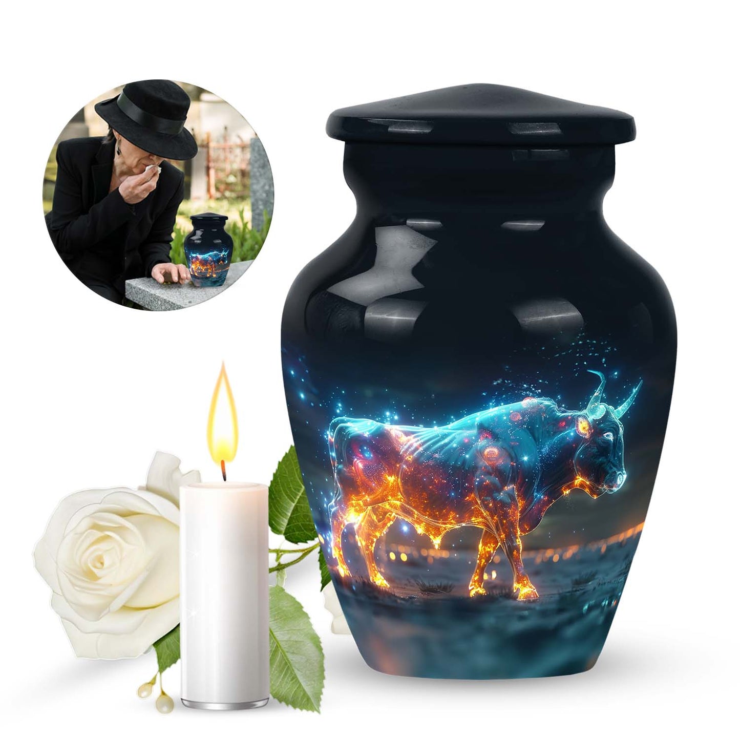 Personalized Bull Memorial Urn for Men & Women - 10-inch, 200 cu in - Yatskia