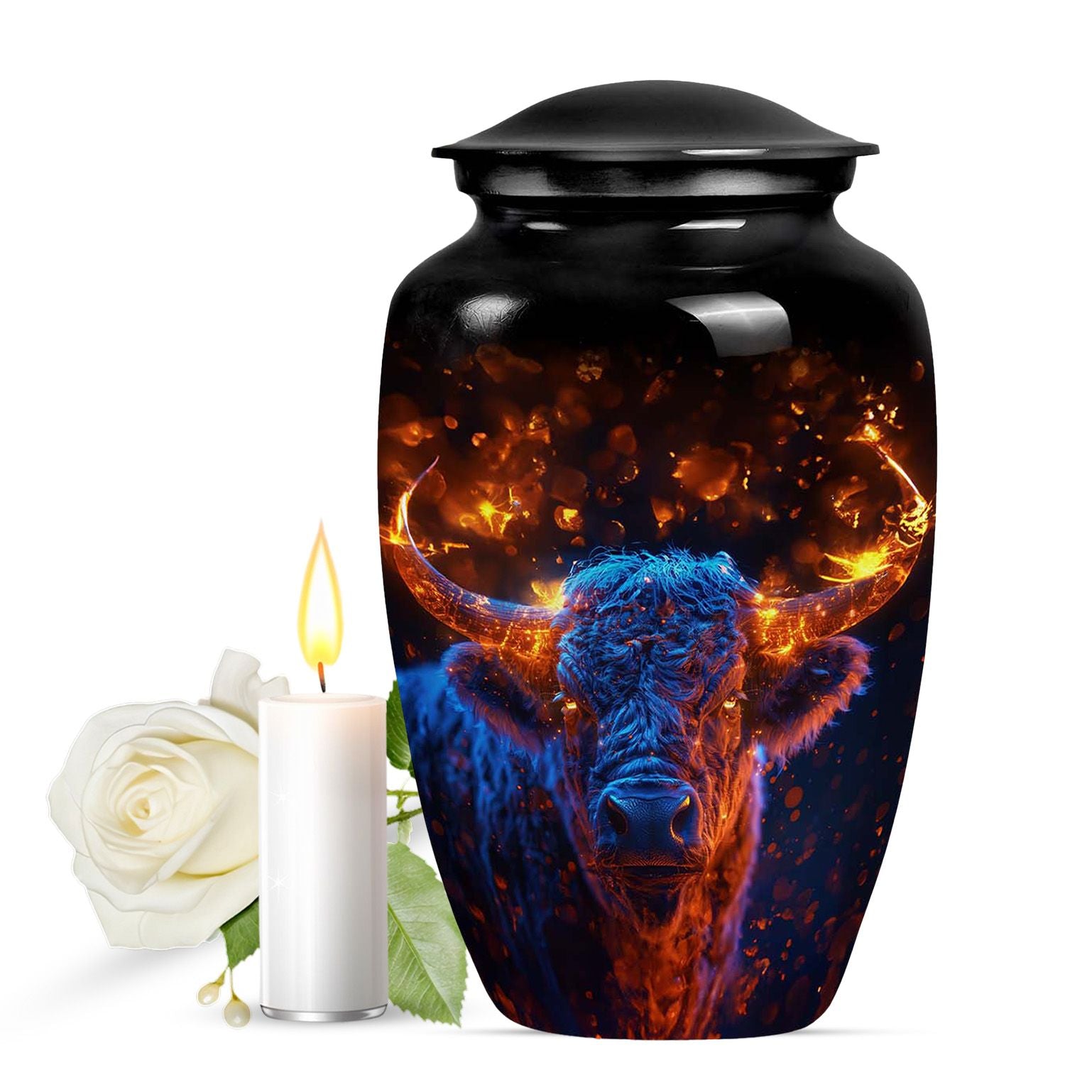 Fiery Horn Bull Memorial Urn For Ashes - Bull Cremation Ashes Urns