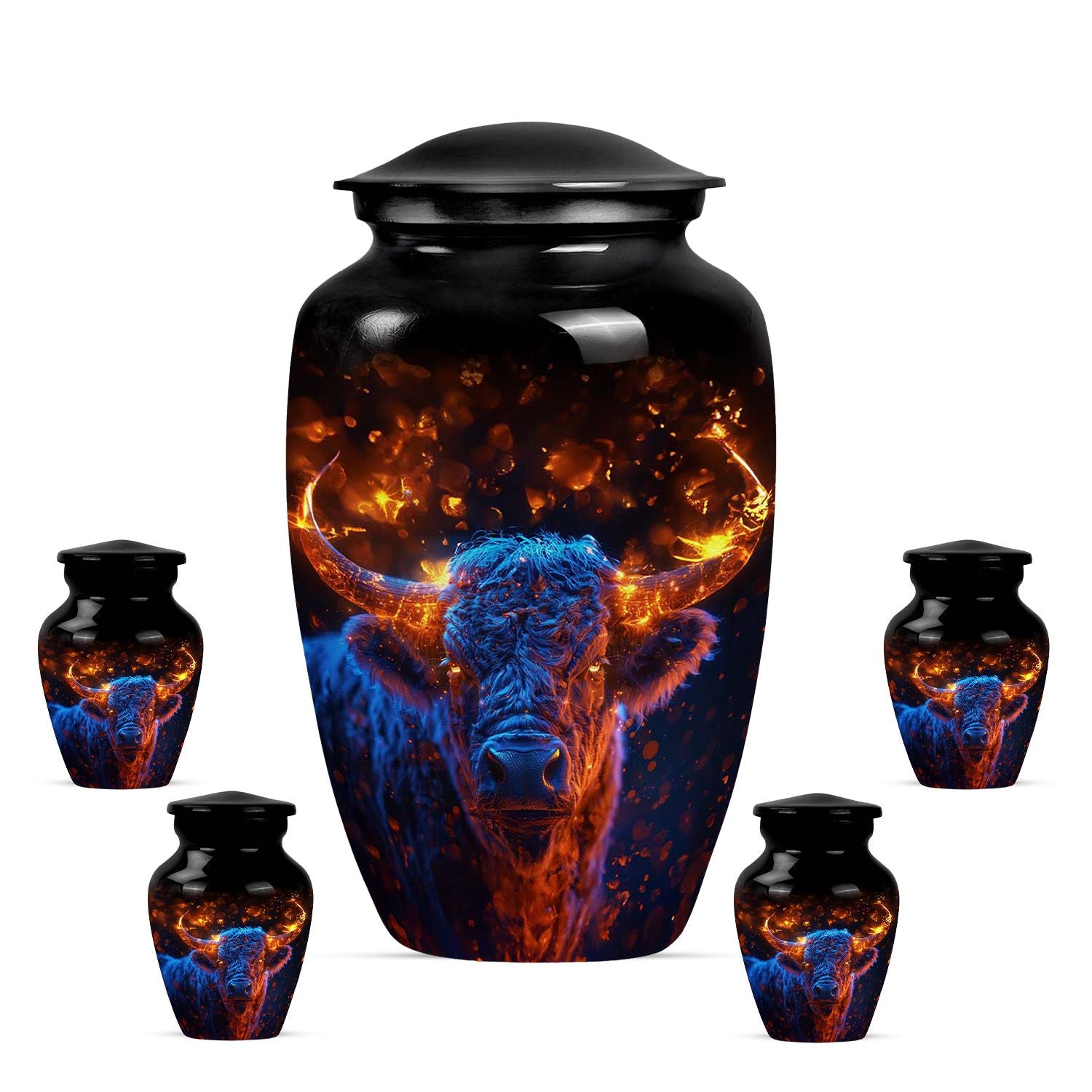 Fiery Horn Bull Memorial Urn For Ashes - Bull Cremation Ashes Urns