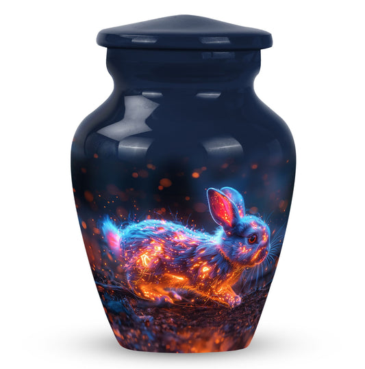Rabbit Urn for Pet Ashes, Dark Blue Urn with Fiery Rabbit Design, Memorial Urn