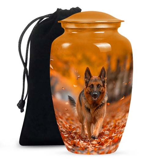 Autumn Canine Stroll Urn - German Shepherd Memorial Urns For Ashes