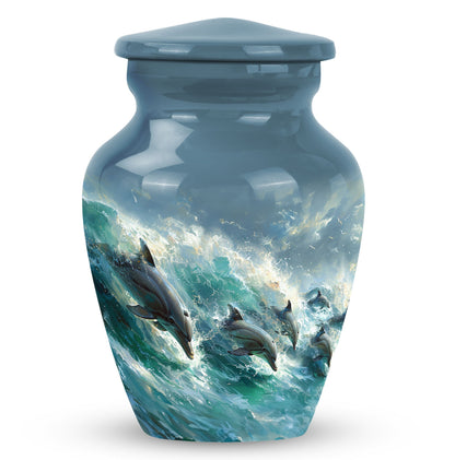 Dolphin Urn for Ashes with Dolphins Jumping Through Ocean Spray, Blue Grey Memorial Urn