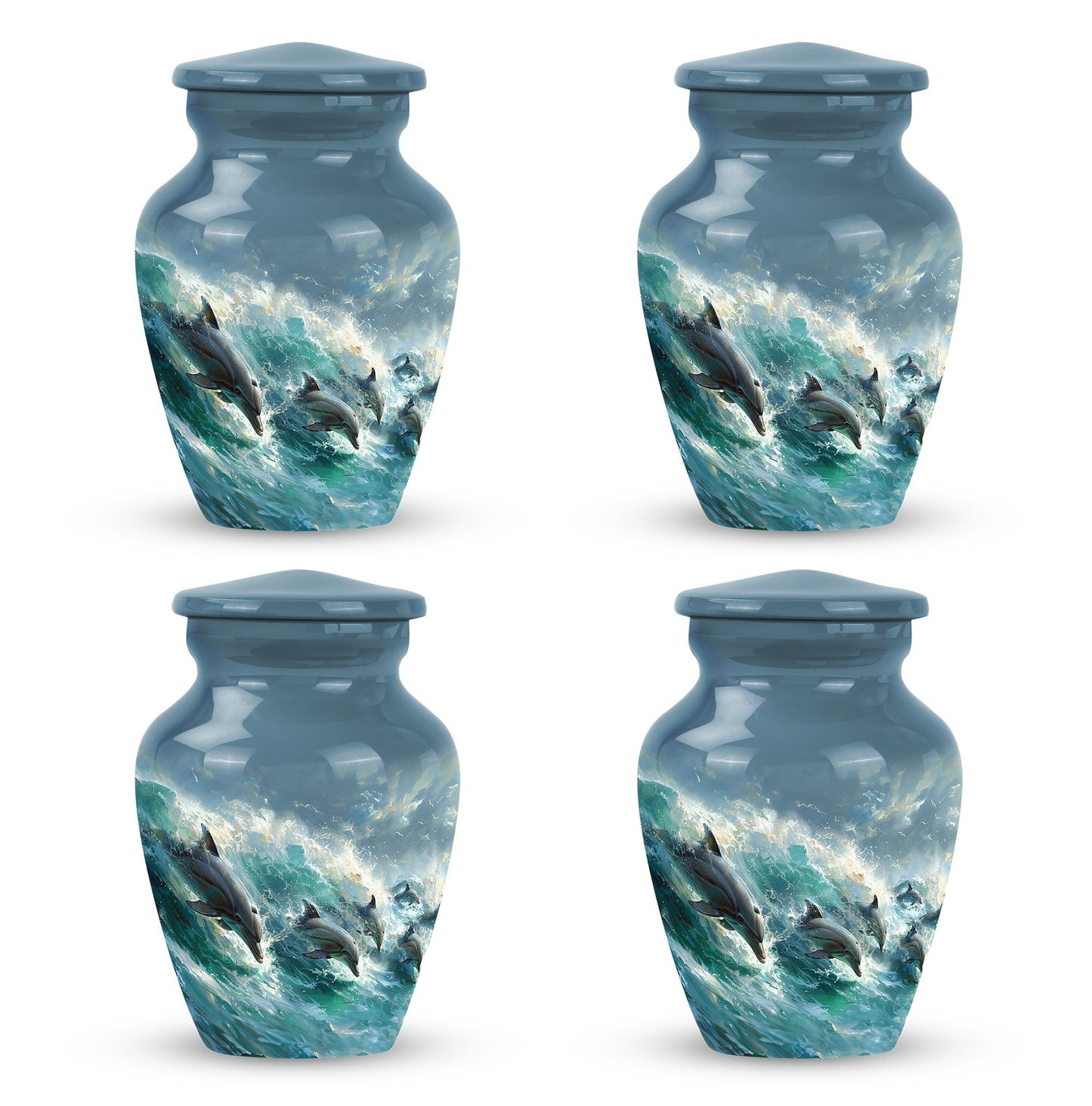 Dolphin Urn for Ashes with Dolphins Jumping Through Ocean Spray, Blue Grey Memorial Urn
