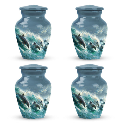 Dolphin Urn for Ashes with Dolphins Jumping Through Ocean Spray, Blue Grey Memorial Urn