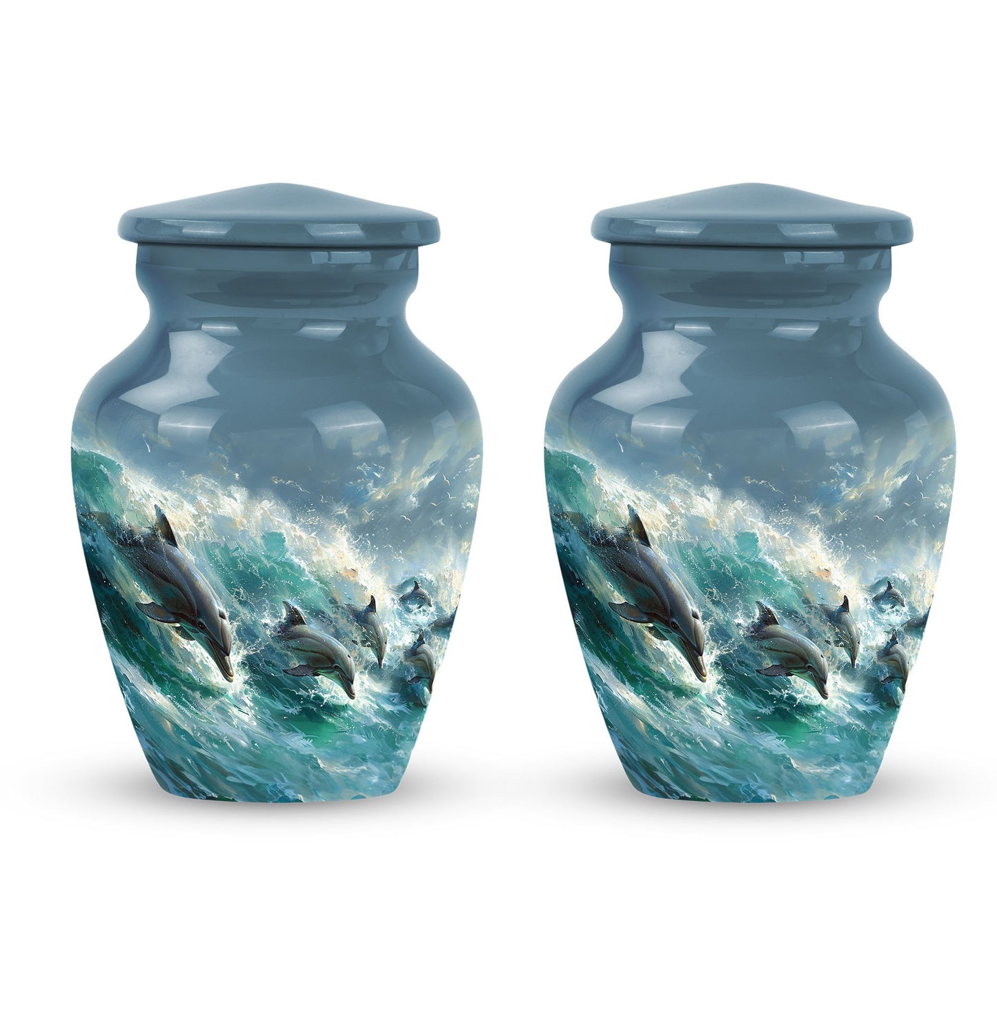 Dolphin Urn for Ashes with Dolphins Jumping Through Ocean Spray, Blue Grey Memorial Urn