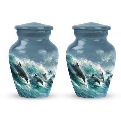 Dolphin Urn for Ashes with Dolphins Jumping Through Ocean Spray, Blue Grey Memorial Urn
