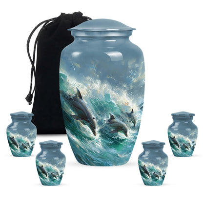 Dolphin Urn for Ashes with Dolphins Jumping Through Ocean Spray, Blue Grey Memorial Urn