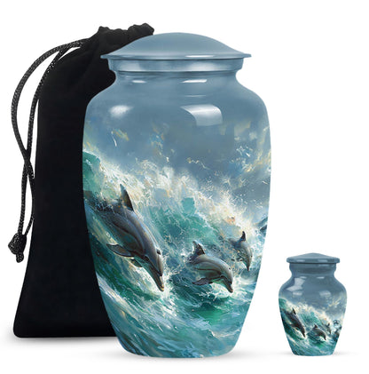 Dolphin Urn for Ashes with Dolphins Jumping Through Ocean Spray, Blue Grey Memorial Urn