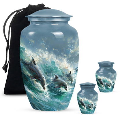 Dolphin Urn for Ashes with Dolphins Jumping Through Ocean Spray, Blue Grey Memorial Urn