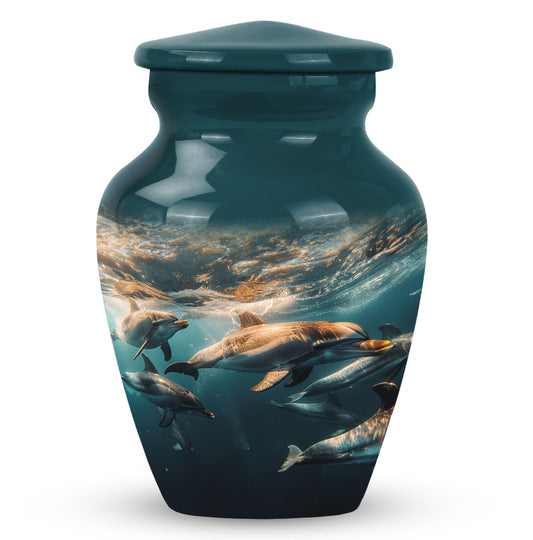 Dolphin Urn for Human Ashes with Pod of Dolphins Underwater, Memorial Urn