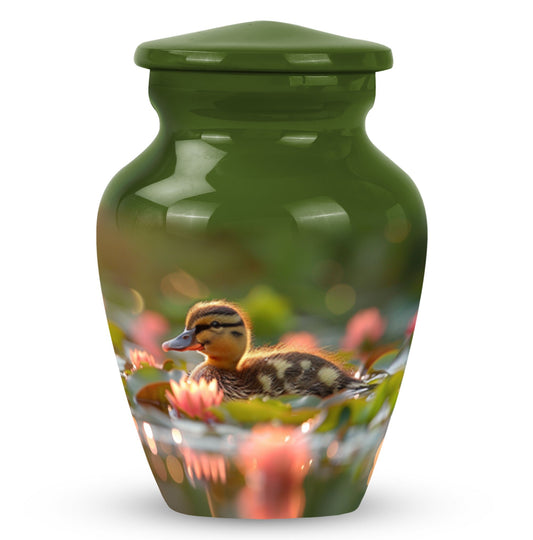 Bird Urn for Human Ashes, Duckling Among Pink Lily Flowers, Memorial Urn