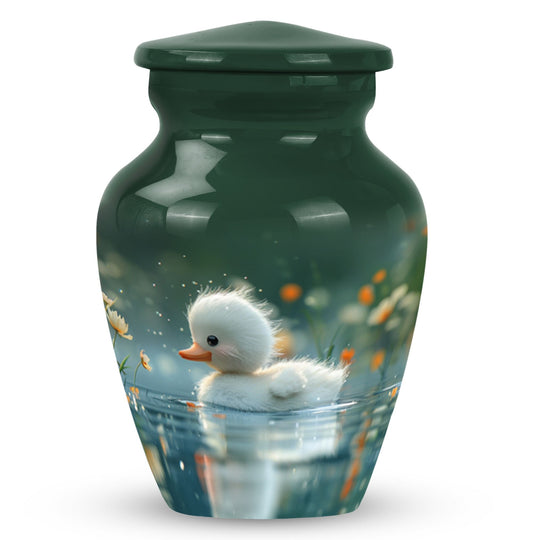 Bird Urn for Ashes, Fluffy Duckling on a Pond, Dark Green Memorial Urn