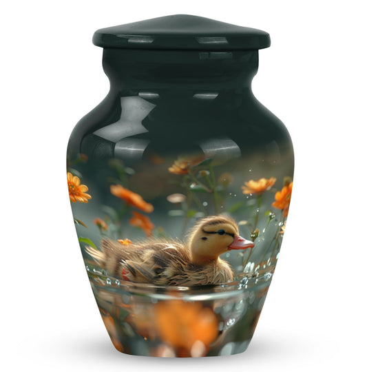 Bird Urn for Ashes, Duckling Among Orange Floral Scene, Memorial Urn