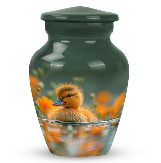 Bird Urn for Human Ashes, Fluffy Duckling Floating Among Orange Flowers, Dark Green Urn