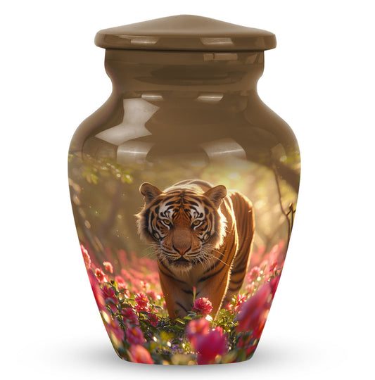Tiger Urn for Human Ashes, Walking Through Pink Flowers, Memorial Urn