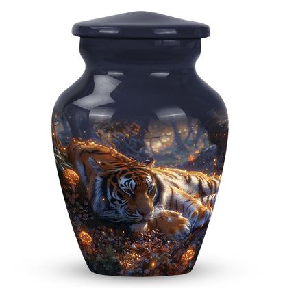 Tiger Urn for Human Ashes, Resting in Glowing Forest Flowers, Cremation Urn