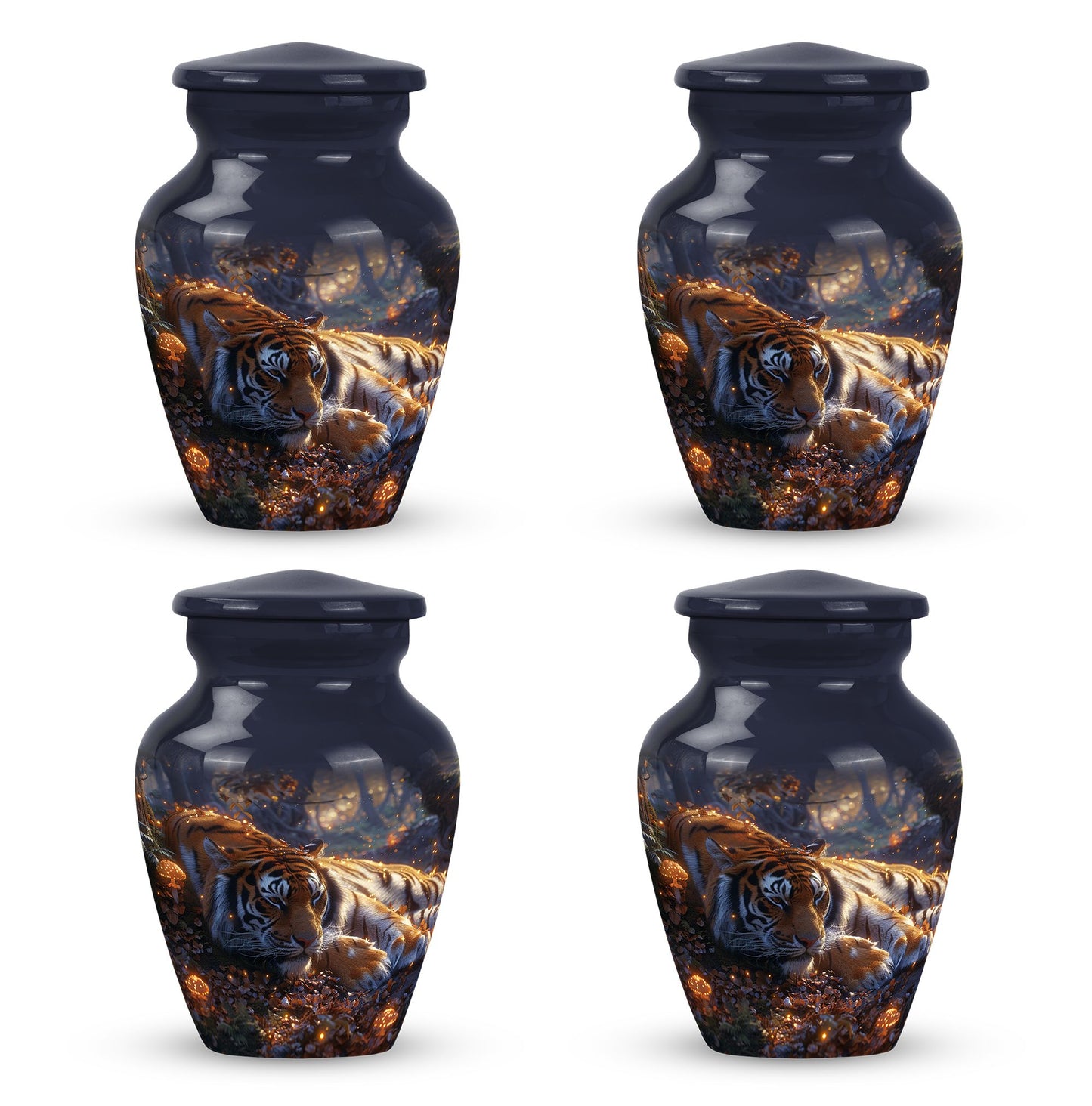 Tiger Urn for Human Ashes, Resting in Glowing Forest Flowers, Cremation Urn