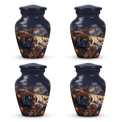 Tiger Urn for Human Ashes, Resting in Glowing Forest Flowers, Cremation Urn