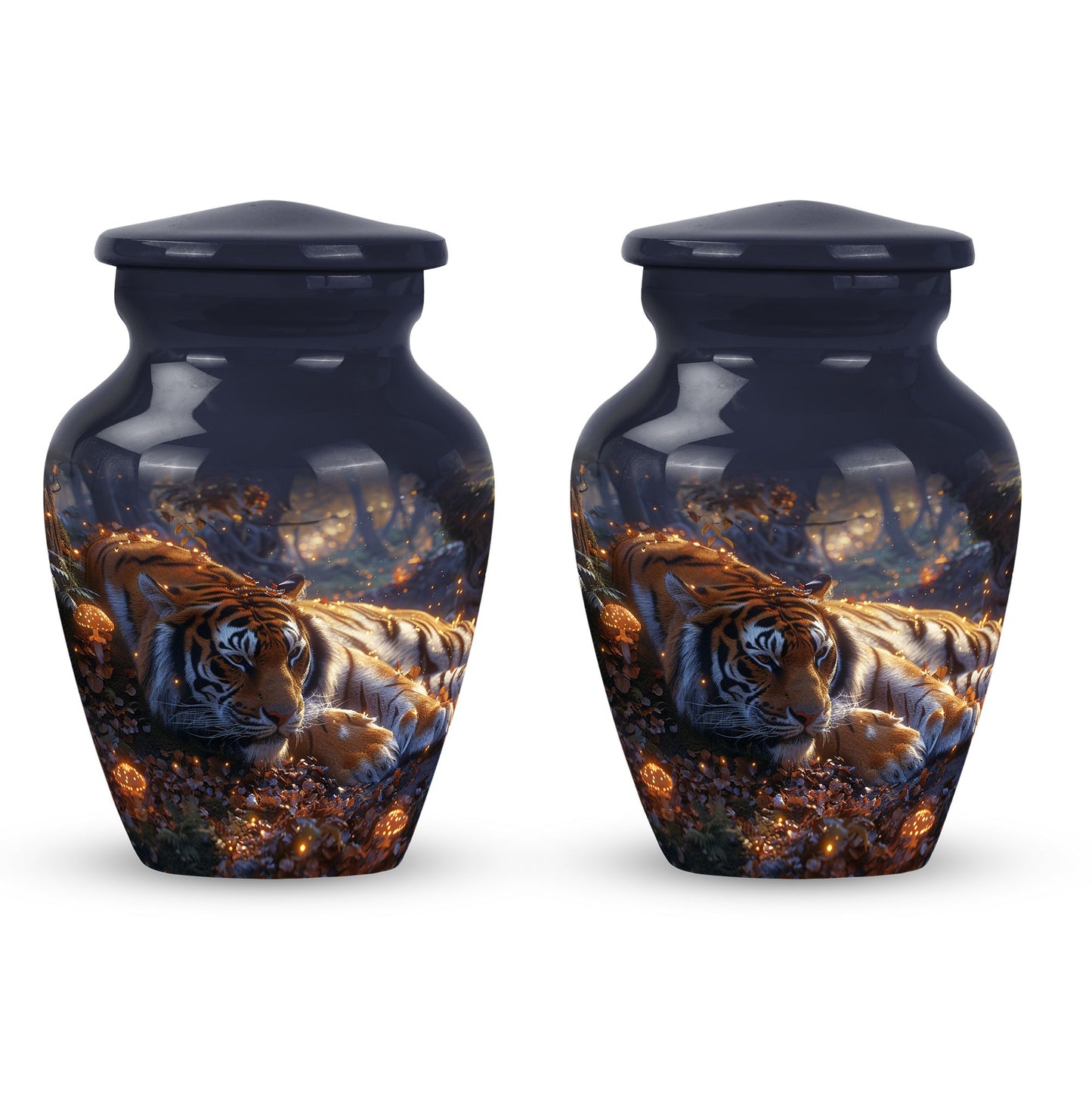 Tiger Urn for Human Ashes, Resting in Glowing Forest Flowers, Cremation Urn