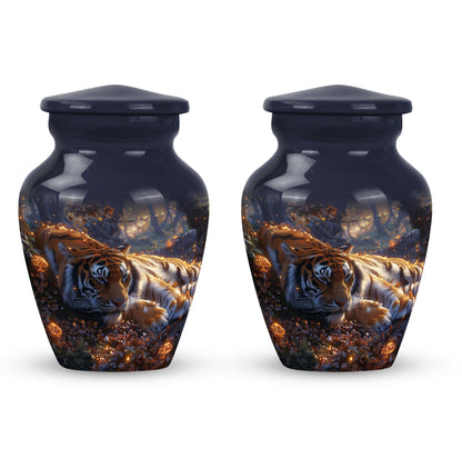 Tiger Urn for Human Ashes, Resting in Glowing Forest Flowers, Cremation Urn
