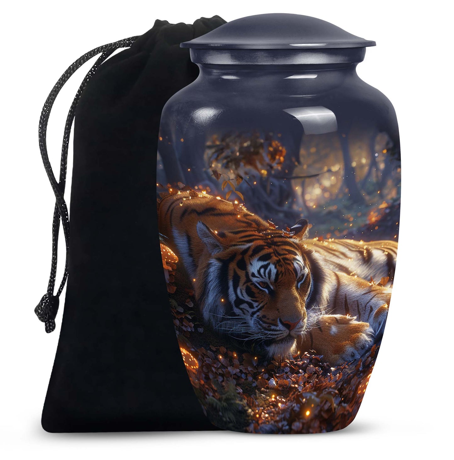 Tiger Urn for Human Ashes, Resting in Glowing Forest Flowers, Cremation Urn