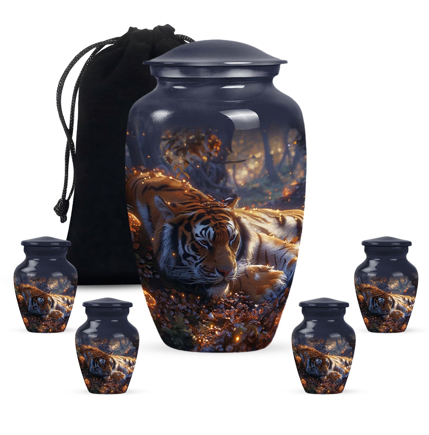 Tiger Urn for Human Ashes, Resting in Glowing Forest Flowers, Cremation Urn
