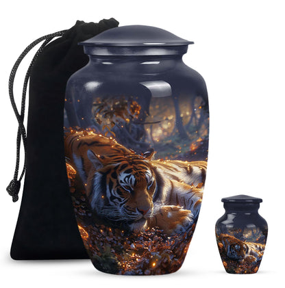 Tiger Urn for Human Ashes, Resting in Glowing Forest Flowers, Cremation Urn