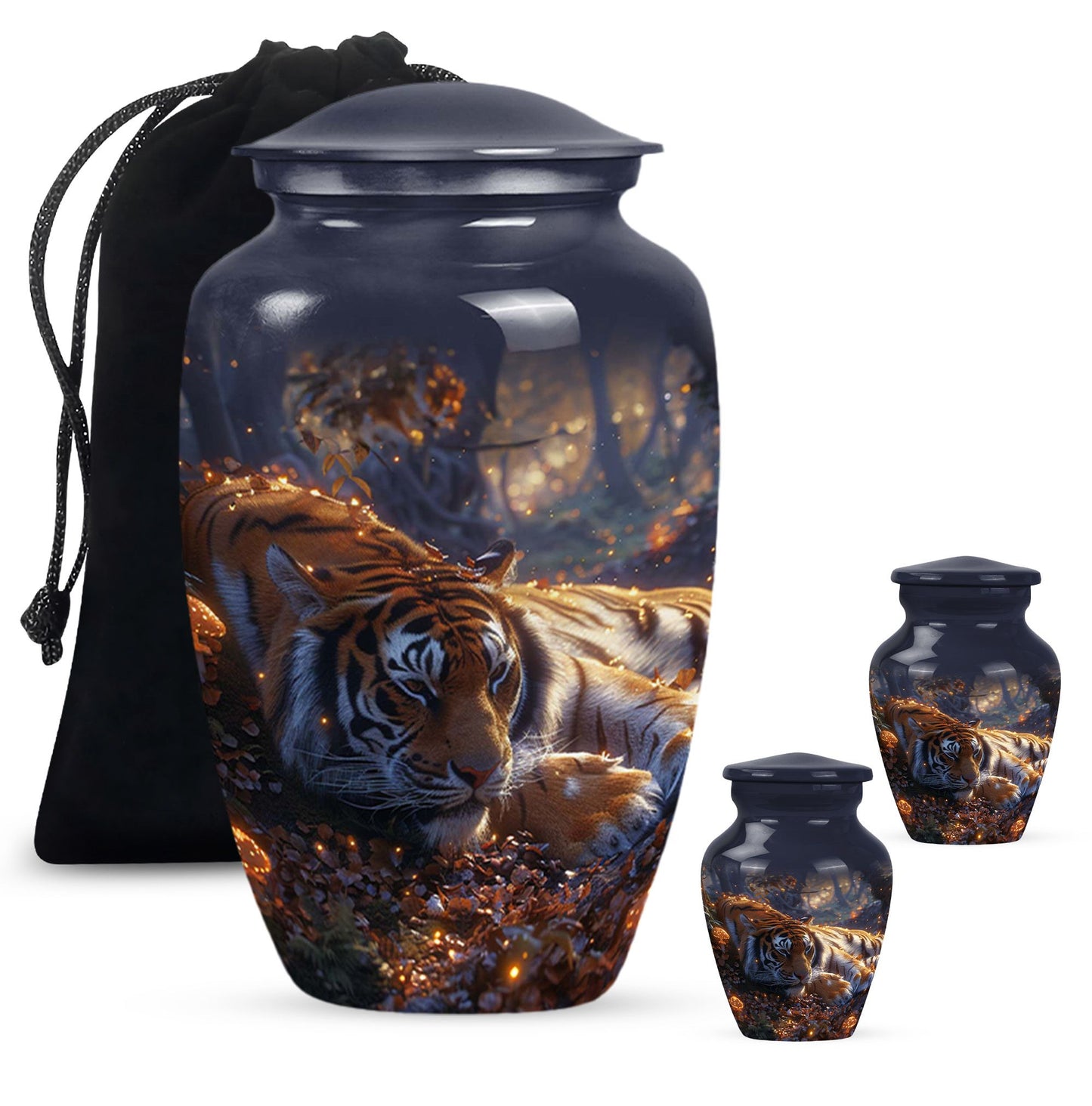 Tiger Urn for Human Ashes, Resting in Glowing Forest Flowers, Cremation Urn