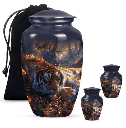 Tiger Urn for Human Ashes, Resting in Glowing Forest Flowers, Cremation Urn