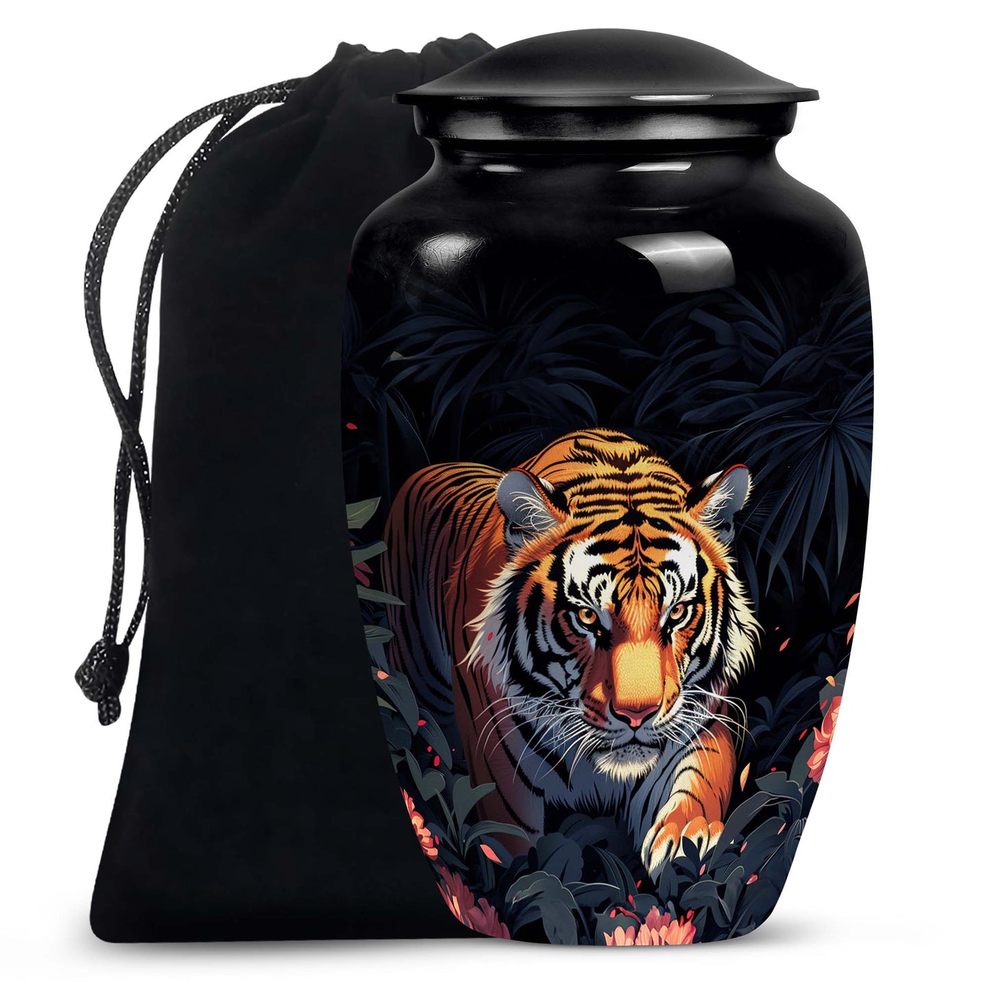 Black Personalized Tiger Cremation Urn for Human Ashes - 10-inch, 200 cu in - Yatskia