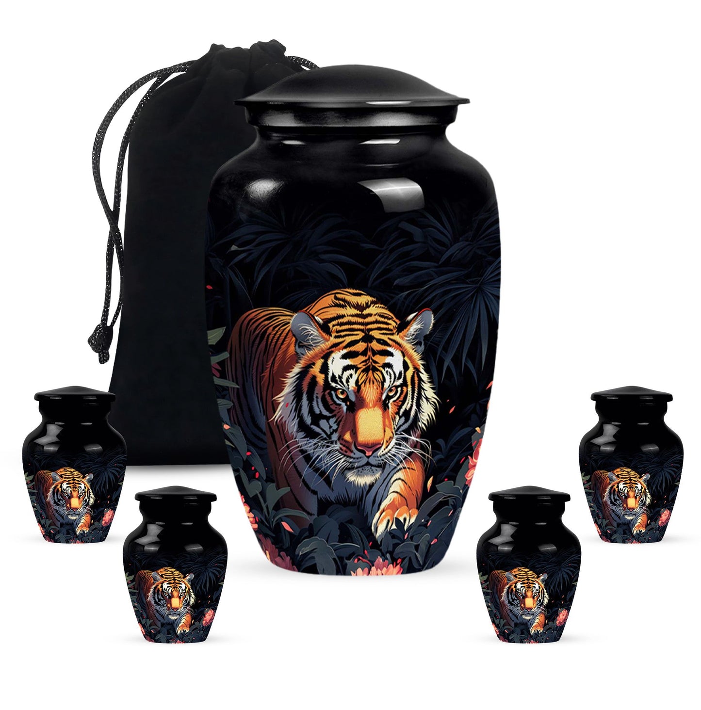 Black Personalized Tiger Cremation Urn for Human Ashes - 10-inch, 200 cu in - Yatskia