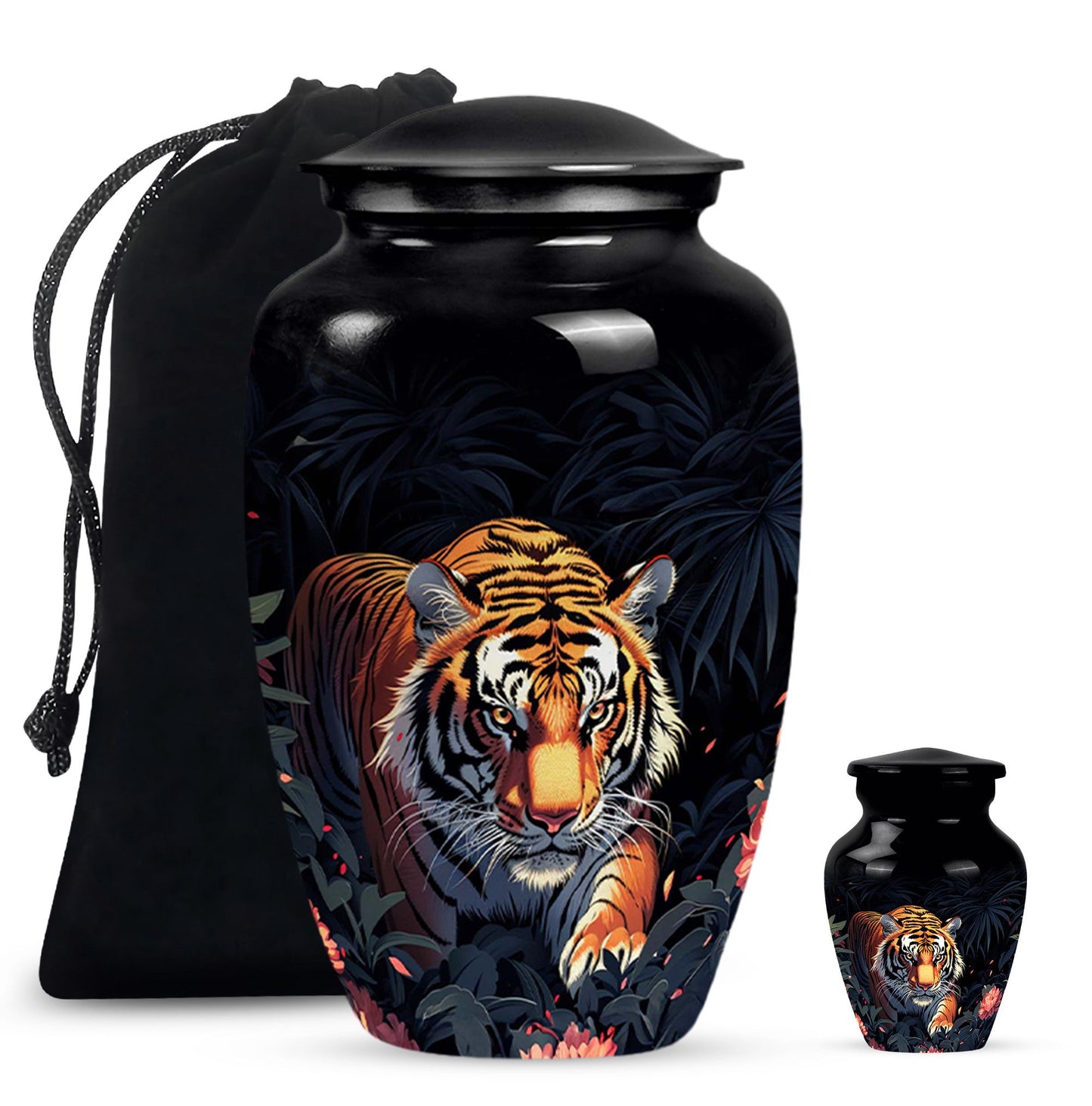 Black Personalized Tiger Cremation Urn for Human Ashes - 10-inch, 200 cu in - Yatskia