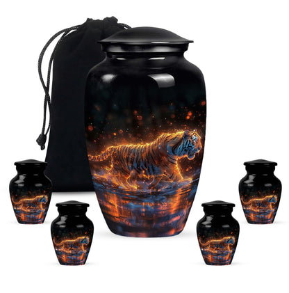 Black Personalized Tiger Cremation Urn for Human Ashes - 10-inch, 200 cu in - Yatskia