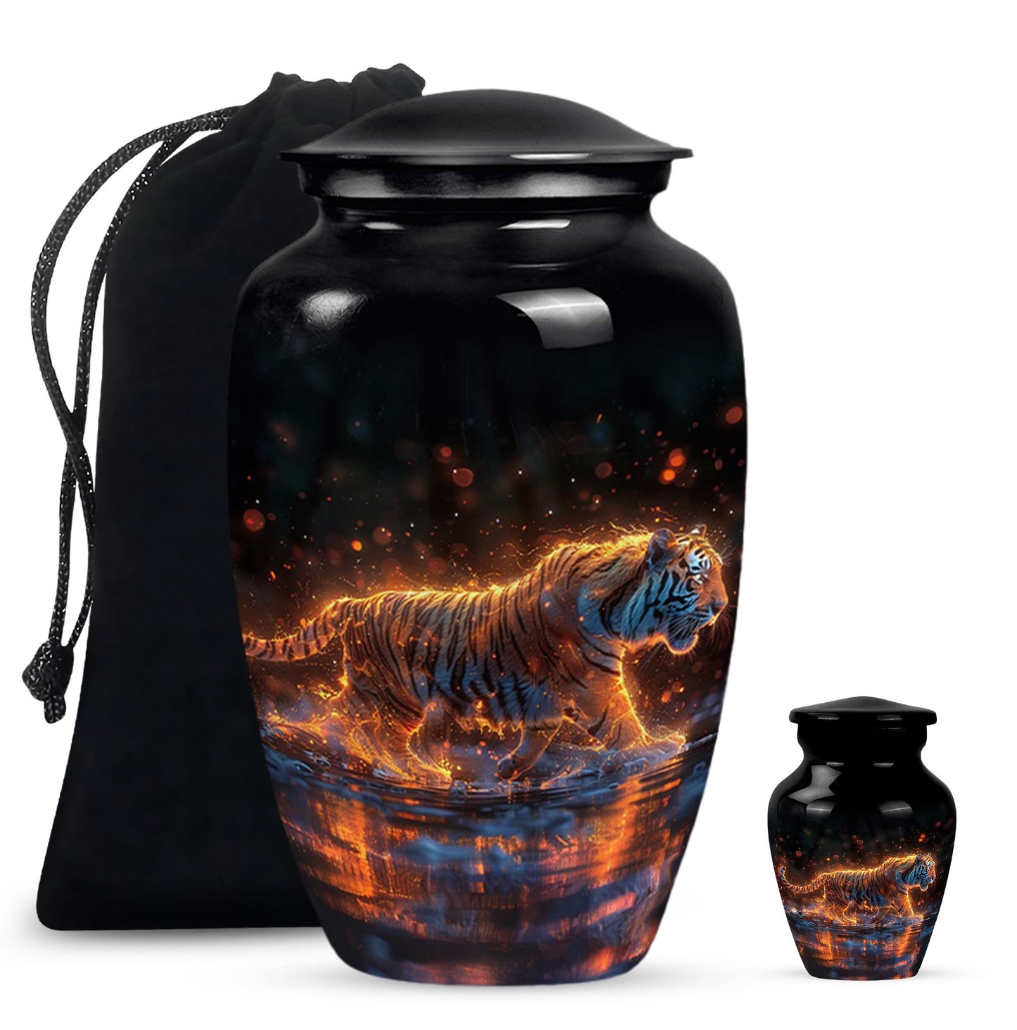 Black Personalized Tiger Cremation Urn for Human Ashes - 10-inch, 200 cu in - Yatskia