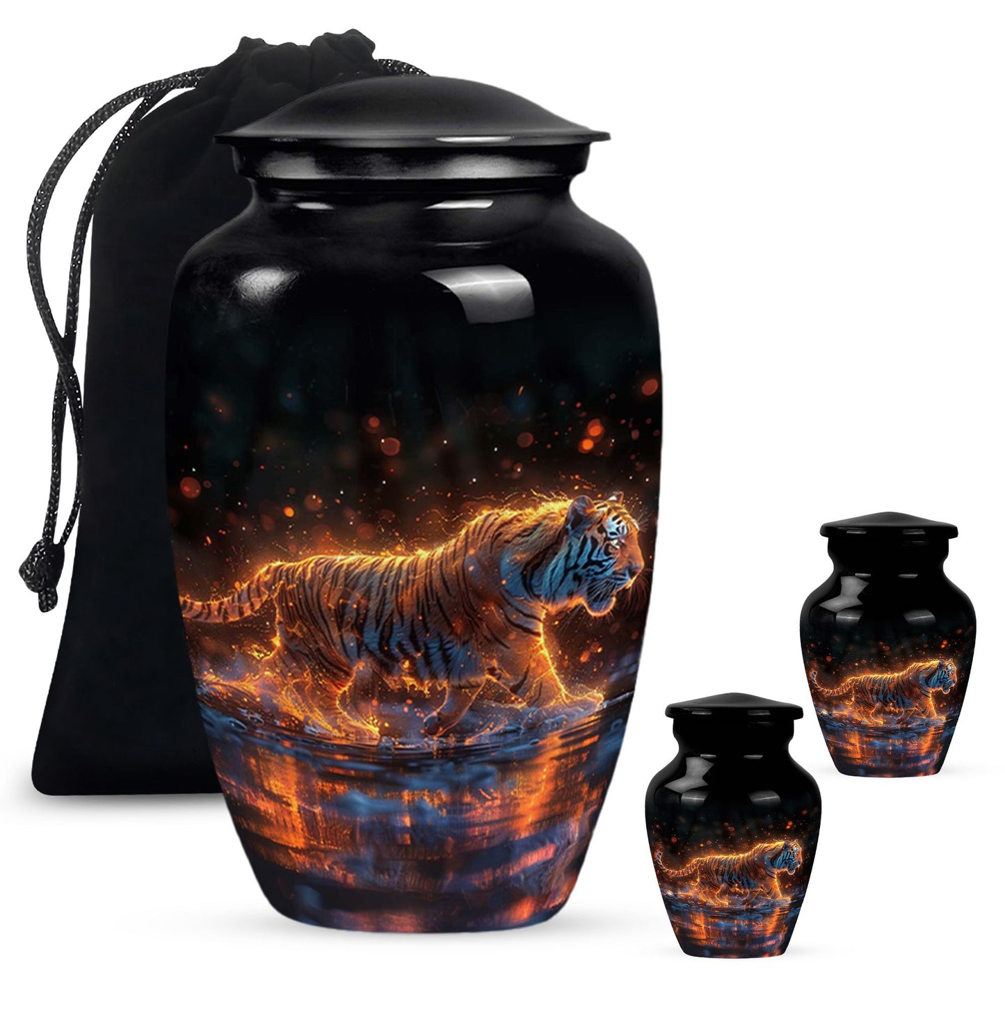 Black Personalized Tiger Cremation Urn for Human Ashes - 10-inch, 200 cu in - Yatskia