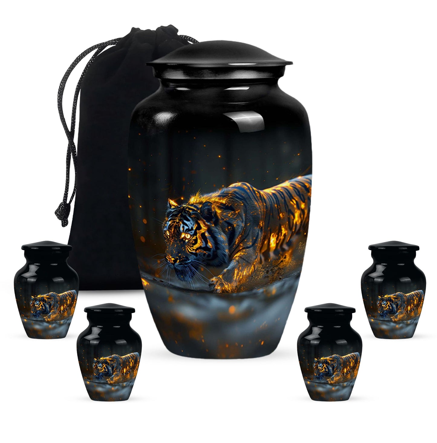 Black Personalized Tiger Cremation Urn for Human Ashes - 10-inch, 200 cu in - Yatskia