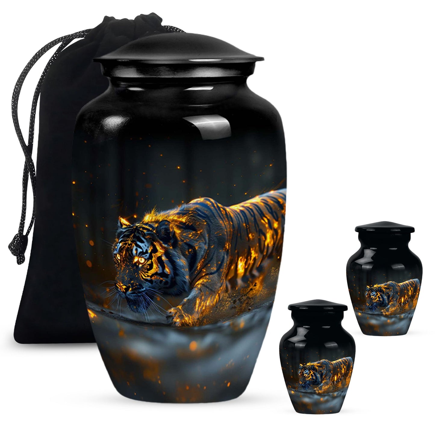 Black Personalized Tiger Cremation Urn for Human Ashes - 10-inch, 200 cu in - Yatskia