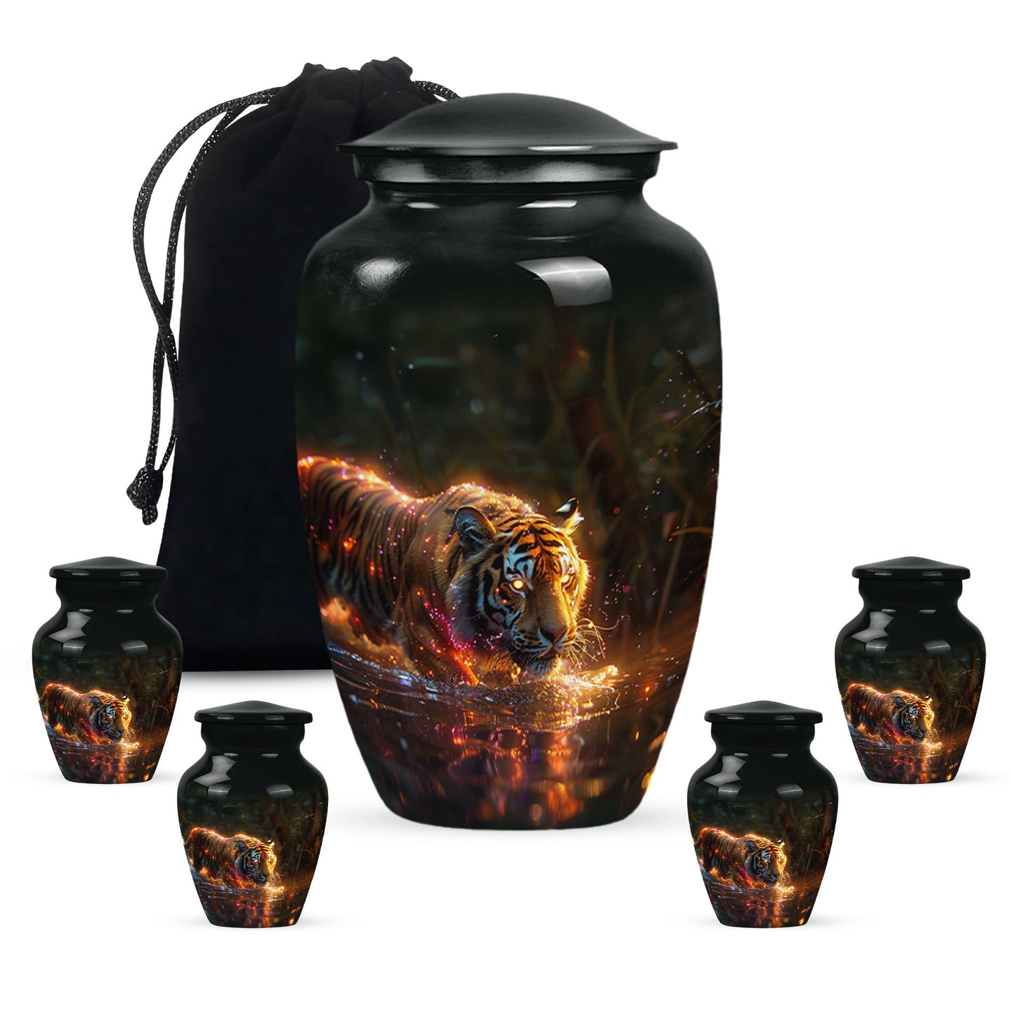Black Personalized Tiger Cremation Urn for Human Ashes - 10-inch, 200 cu in - Yatskia