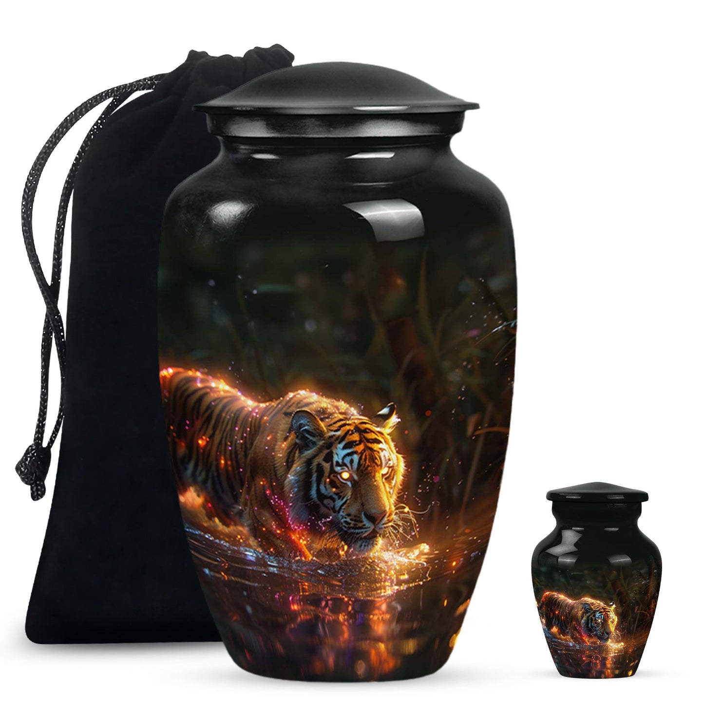 Black Personalized Tiger Cremation Urn for Human Ashes - 10-inch, 200 cu in - Yatskia