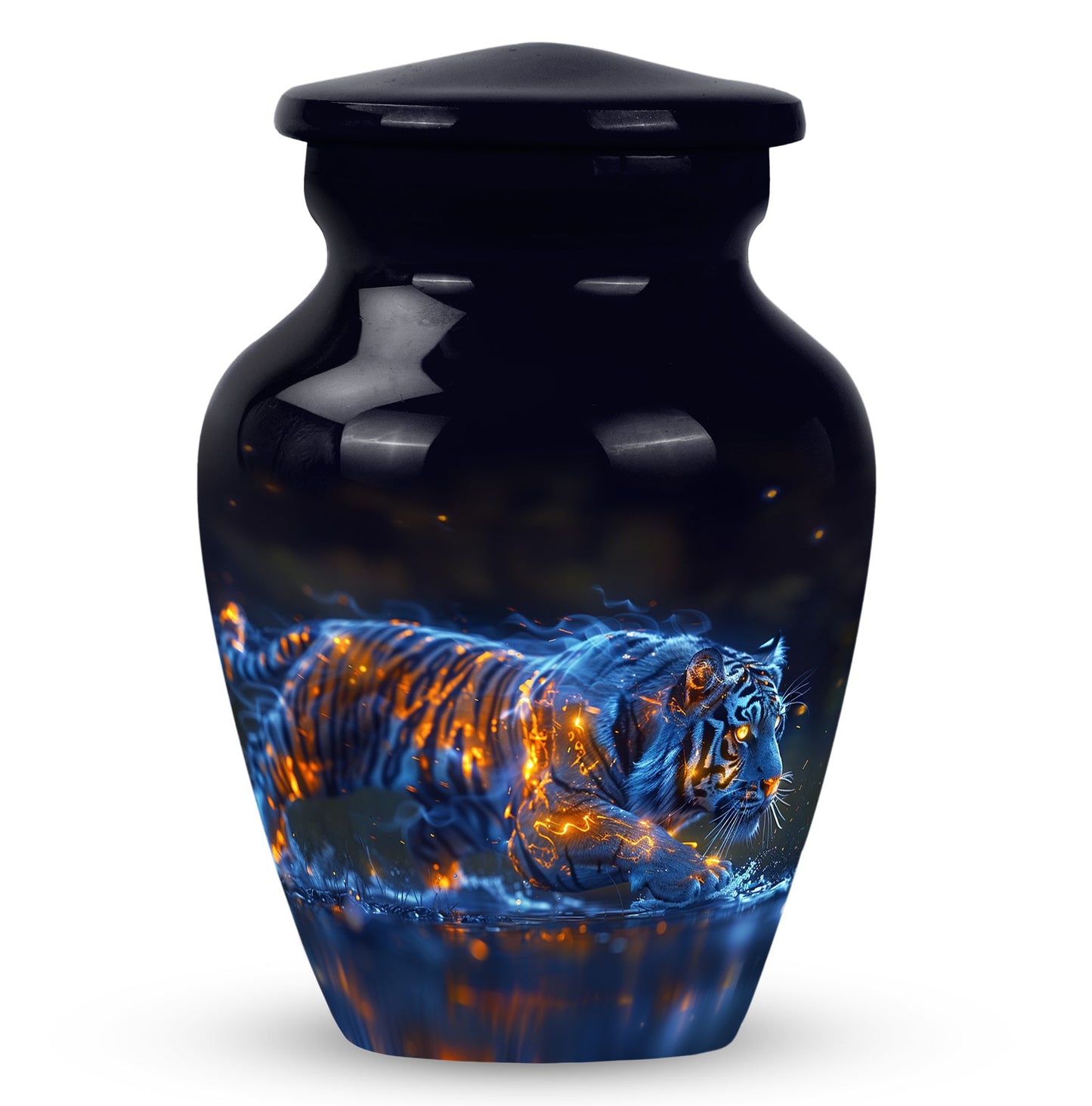 Tiger Urn for Human Ashes, Blue Ceramic Crouching Tiger with Embers in Water, Memorial Urn