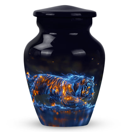 Tiger Urn for Human Ashes, Blue Ceramic Crouching Tiger with Embers in Water, Memorial Urn