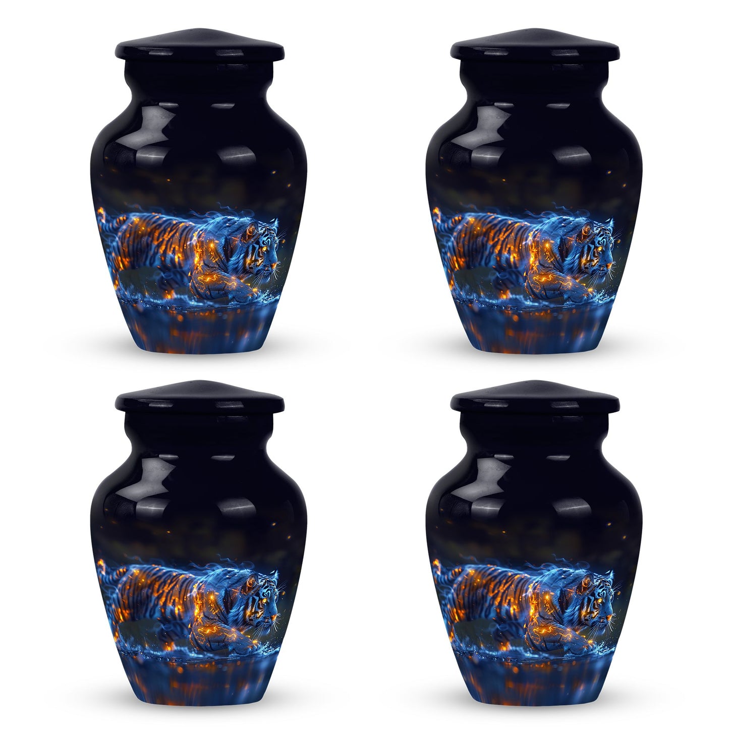 Tiger Urn for Human Ashes, Blue Ceramic Crouching Tiger with Embers in Water, Memorial Urn