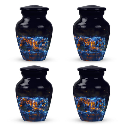 Tiger Urn for Human Ashes, Blue Ceramic Crouching Tiger with Embers in Water, Memorial Urn