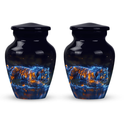 Tiger Urn for Human Ashes, Blue Ceramic Crouching Tiger with Embers in Water, Memorial Urn