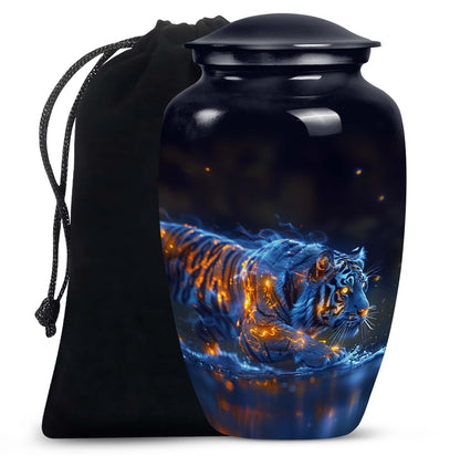 Tiger Urn for Human Ashes, Blue Ceramic Crouching Tiger with Embers in Water, Memorial Urn