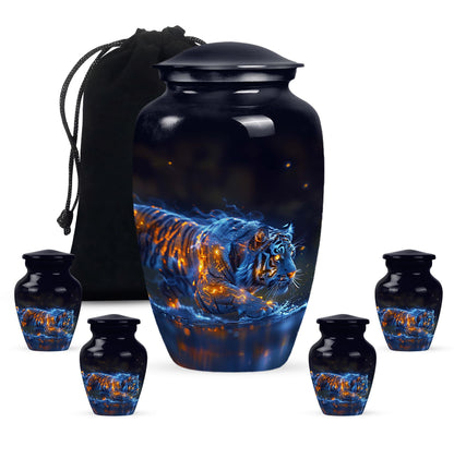 Tiger Urn for Human Ashes, Blue Ceramic Crouching Tiger with Embers in Water, Memorial Urn