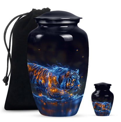 Tiger Urn for Human Ashes, Blue Ceramic Crouching Tiger with Embers in Water, Memorial Urn