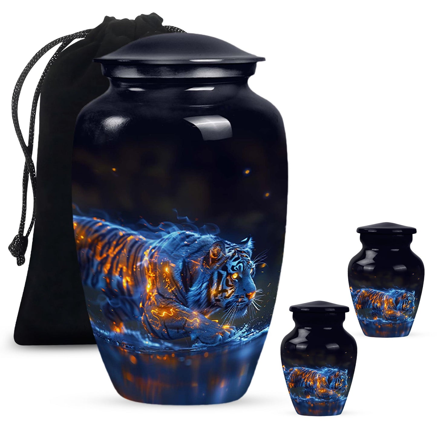 Tiger Urn for Human Ashes, Blue Ceramic Crouching Tiger with Embers in Water, Memorial Urn