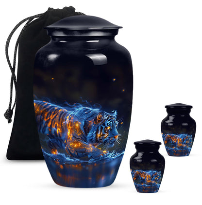 Tiger Urn for Human Ashes, Blue Ceramic Crouching Tiger with Embers in Water, Memorial Urn