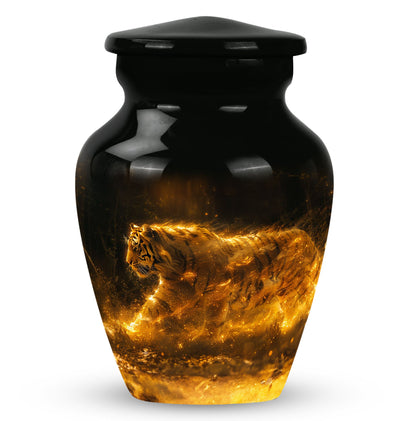 Tiger Urn for Ashes, Tiger Running Through Golden Fire on Black, Memorial Urn